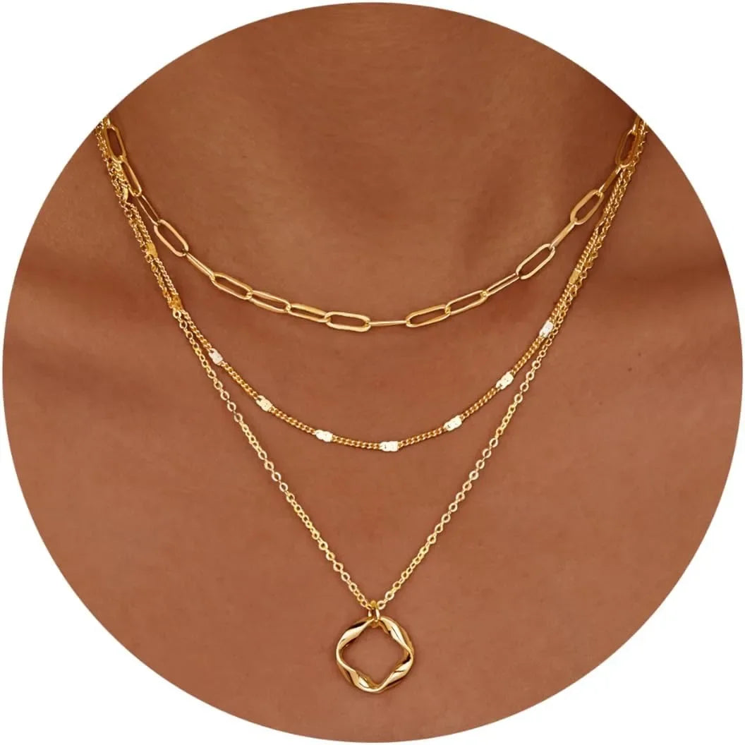 Layered 14k Gold Plated Necklaces for Women Stackable Silver Plated Circle Paperclip Chain Pendant Choker Necklace Set For Woman