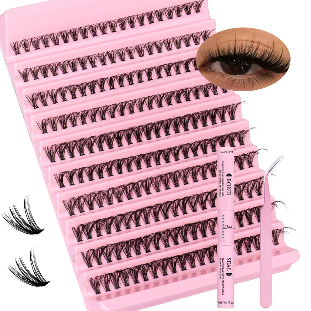 Lash Extension Kit DIY Lash Clusters Kit 8-16mm Individual Lashes Kit with Lash Bond and Seal Lash Tweezers for Self Use