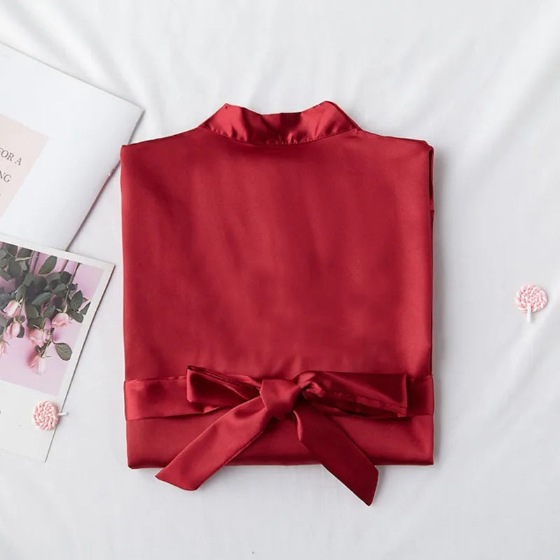 Embroidered Satin Silk Robe Cami Slip Set – Bridal Bridesmaid Wedding Sleepwear Nightdress for Women