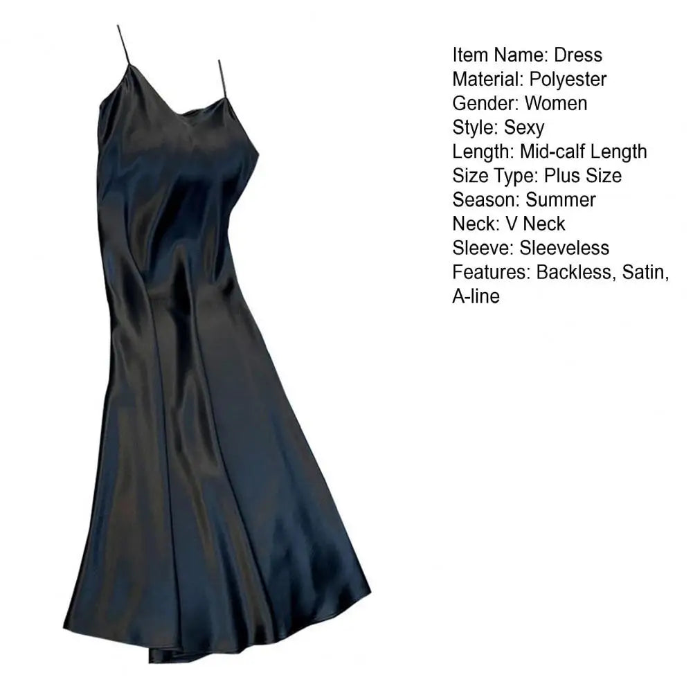 Women Slip Dress Silky Satin V Neck Backless Sleeveless Spaghetti Strap Prom Party Dress A-line Loose Hem Strappy Dress