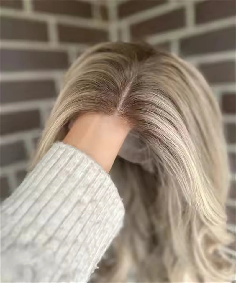 Invisible Transparent Lace Ombre Platinum Blonde Wig with Dark Roots Party Wigs Lace Front Wig Synthetic HD Wigs For Women 20''