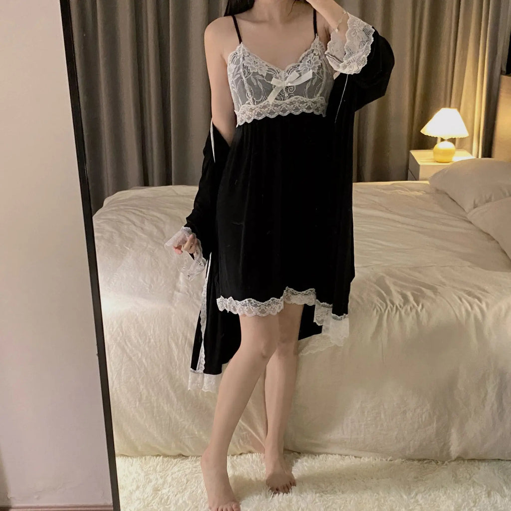 Modal Nightgowns Women Autumn Winter Sleepwear Two Piece Set Lace Sexy Long Sleeve Home Wear Clothing Casual Ladies Nightdress