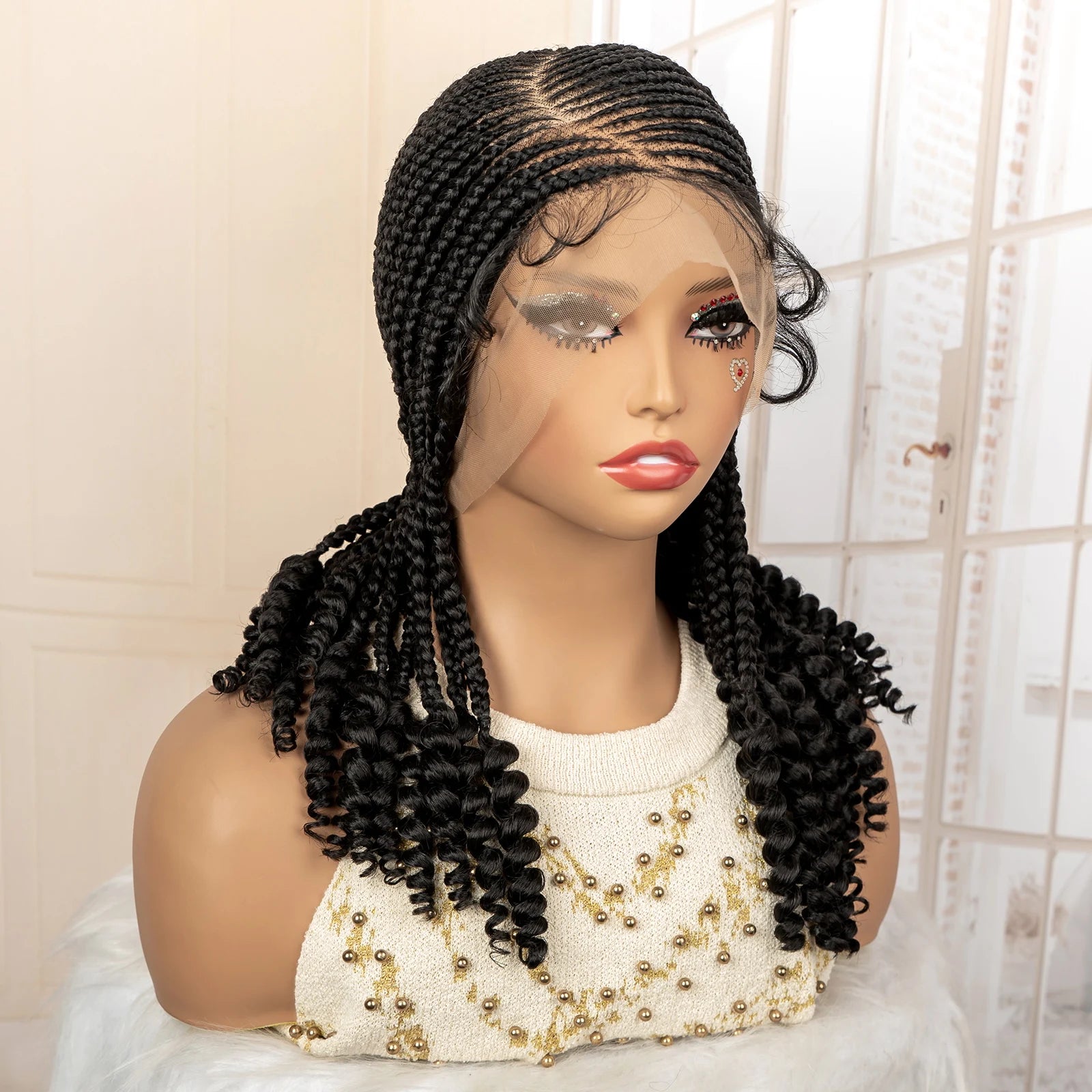 Full Lace Braided Wig with Curly Ends Synthetic Cornrow Braids Wig for Black Women Lace Frontal Afro Knotless Braiding Wigs