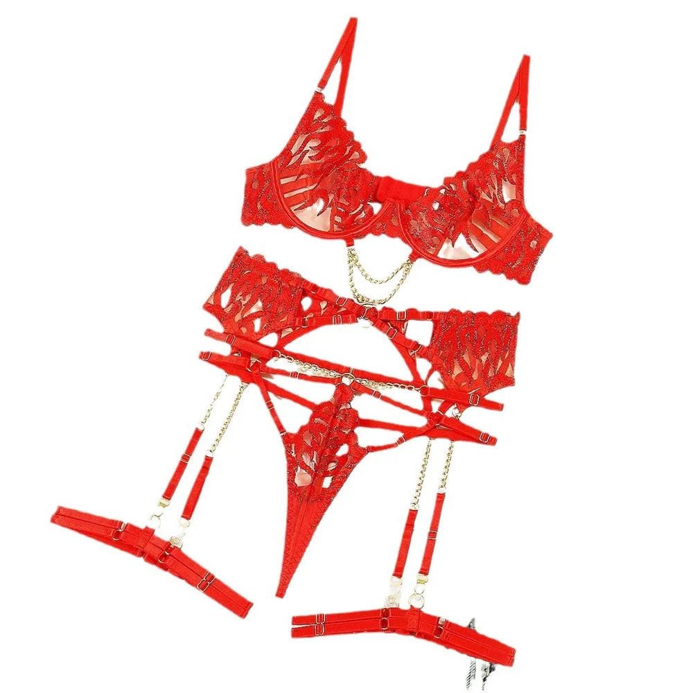 Red Lace Sexy Lingerie Sets Women See Through Mesh Sheer Patchwork Party Transparent Lace Luxury Obsessive Outfits