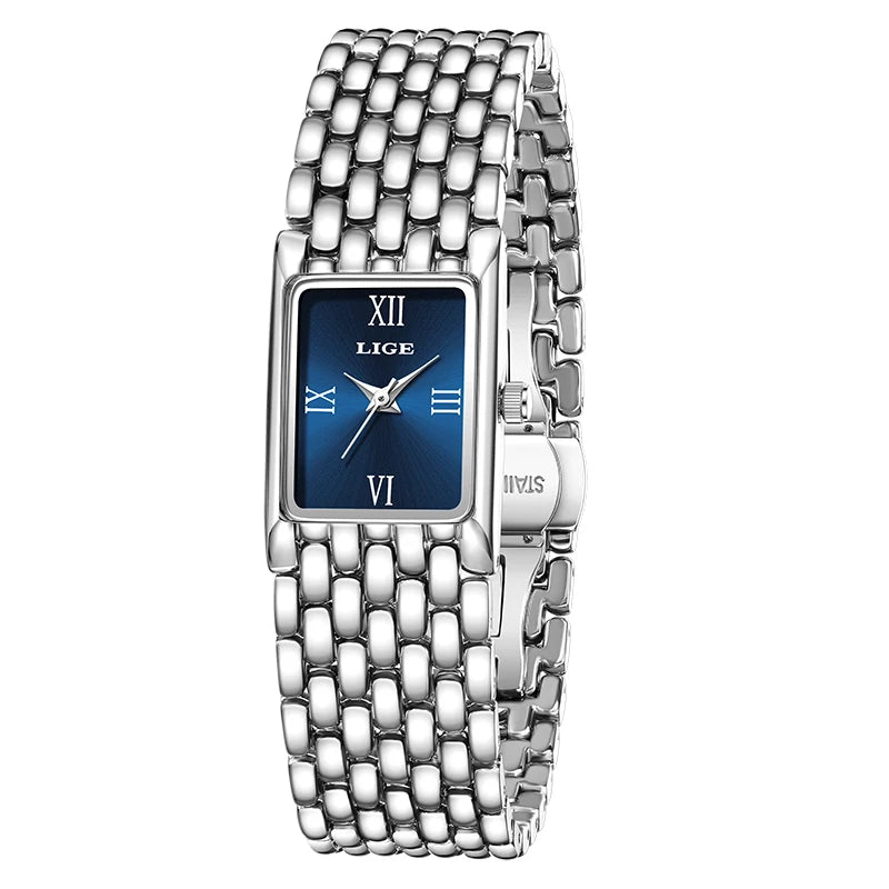 LIGE Silver Watch for Women Square Ladies Quartz Wristwatches Stainless Steel Women Small Gold Watch Luxury Casual Fashion Watch