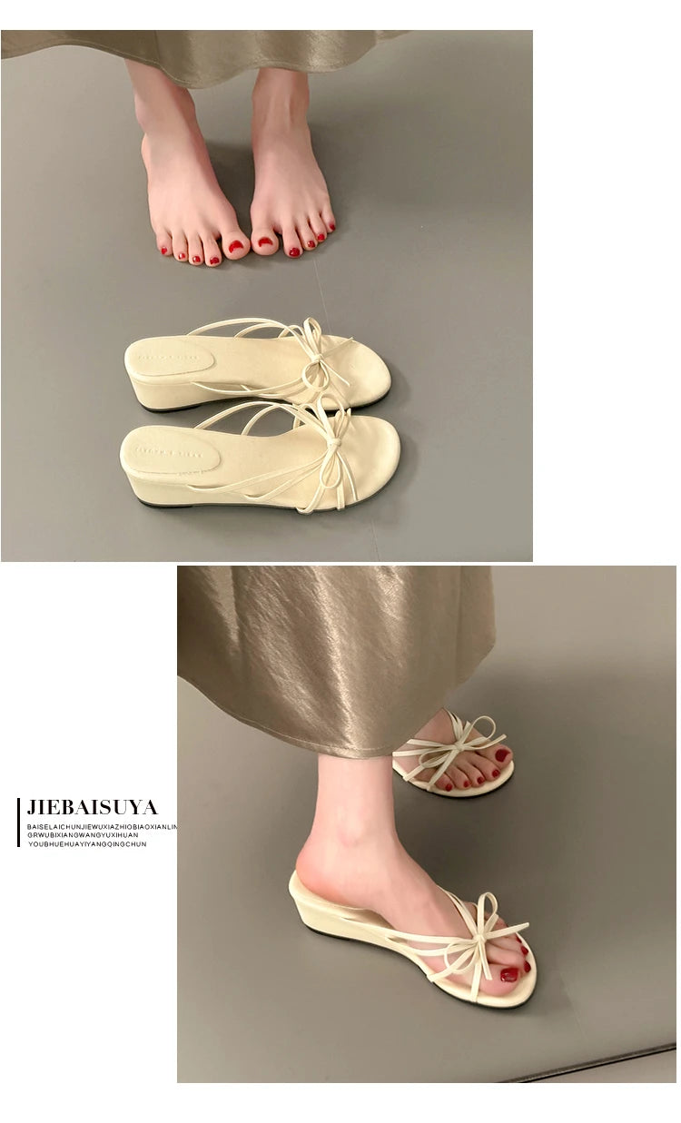 Women's Thick Heel Sandals Summer Outdoor Wear  Knot Slip-On Shoes Beach Vacation Heightening Beautiful Cool Sandals