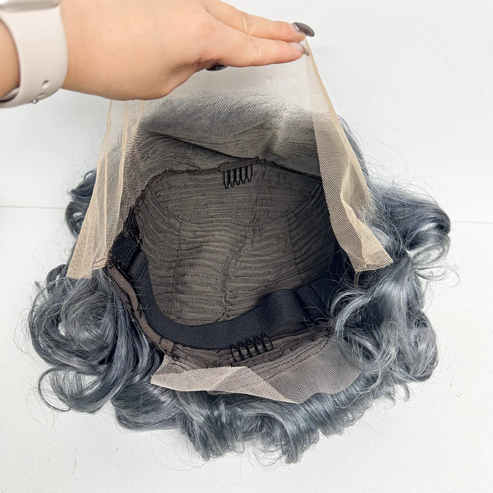 13x4 Transparent Lace Frontal Wigs Loose Bouncy Curly Human Hair Wig 250% Density Gray Short Wave Curly Wigs for Black Women