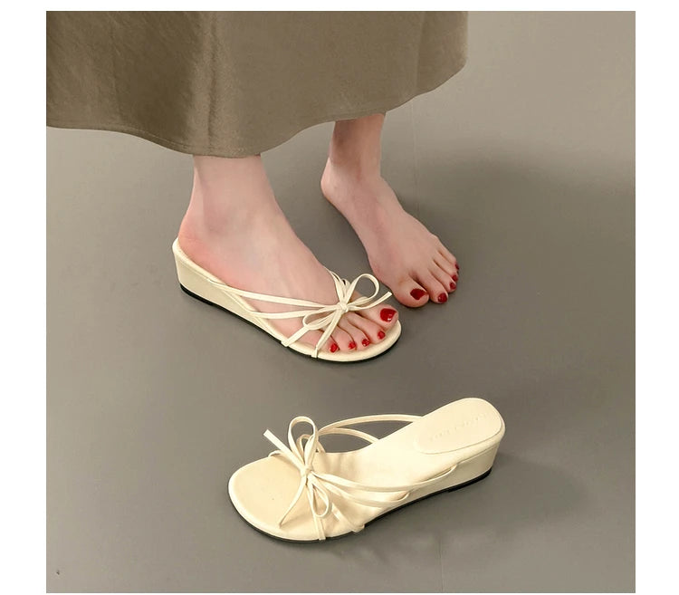 Women's Thick Heel Sandals Summer Outdoor Wear  Knot Slip-On Shoes Beach Vacation Heightening Beautiful Cool Sandals