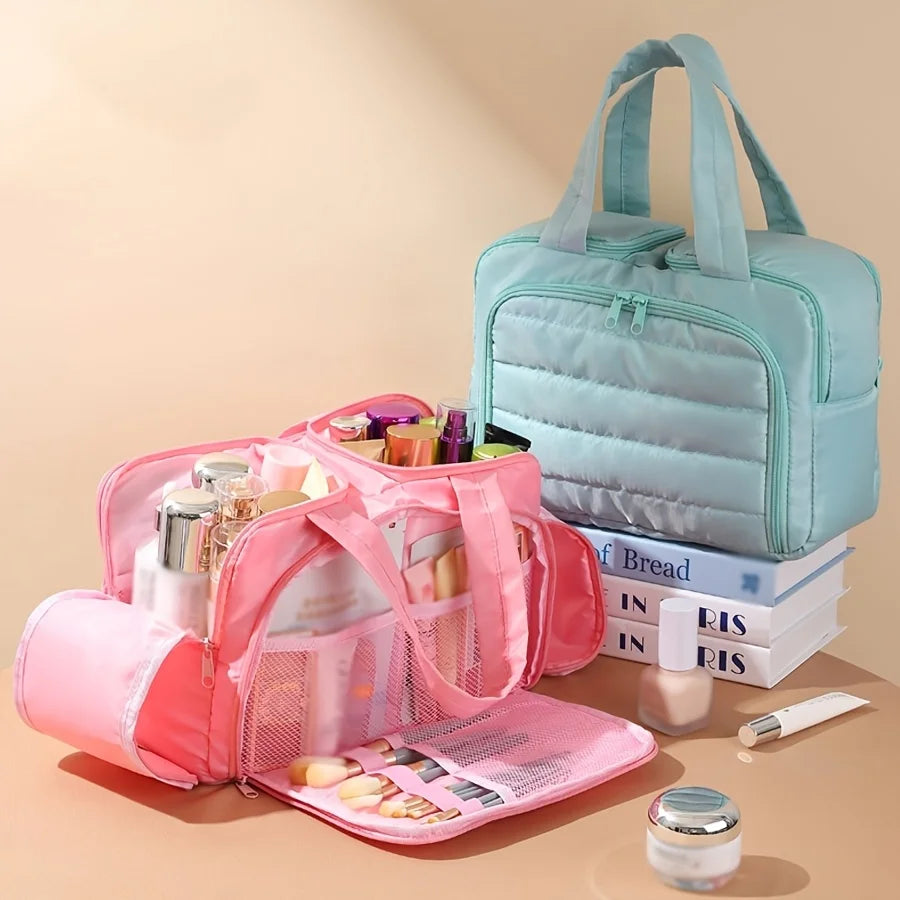 Large Capacity Quilted Makeup Bag-Portable Multi Functional Storage Bag,Layered Design, Durable Nylon,Ideal for Christmas Gifts