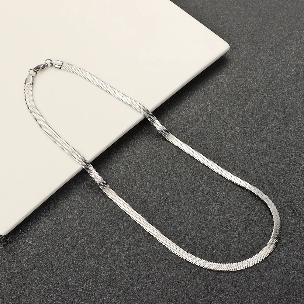 Stainless Steel Flat Snake Link Chain Herringbone Choker Necklace Waterproof Filmy Snake Chain Simple Clavicle Necklace Jewelry