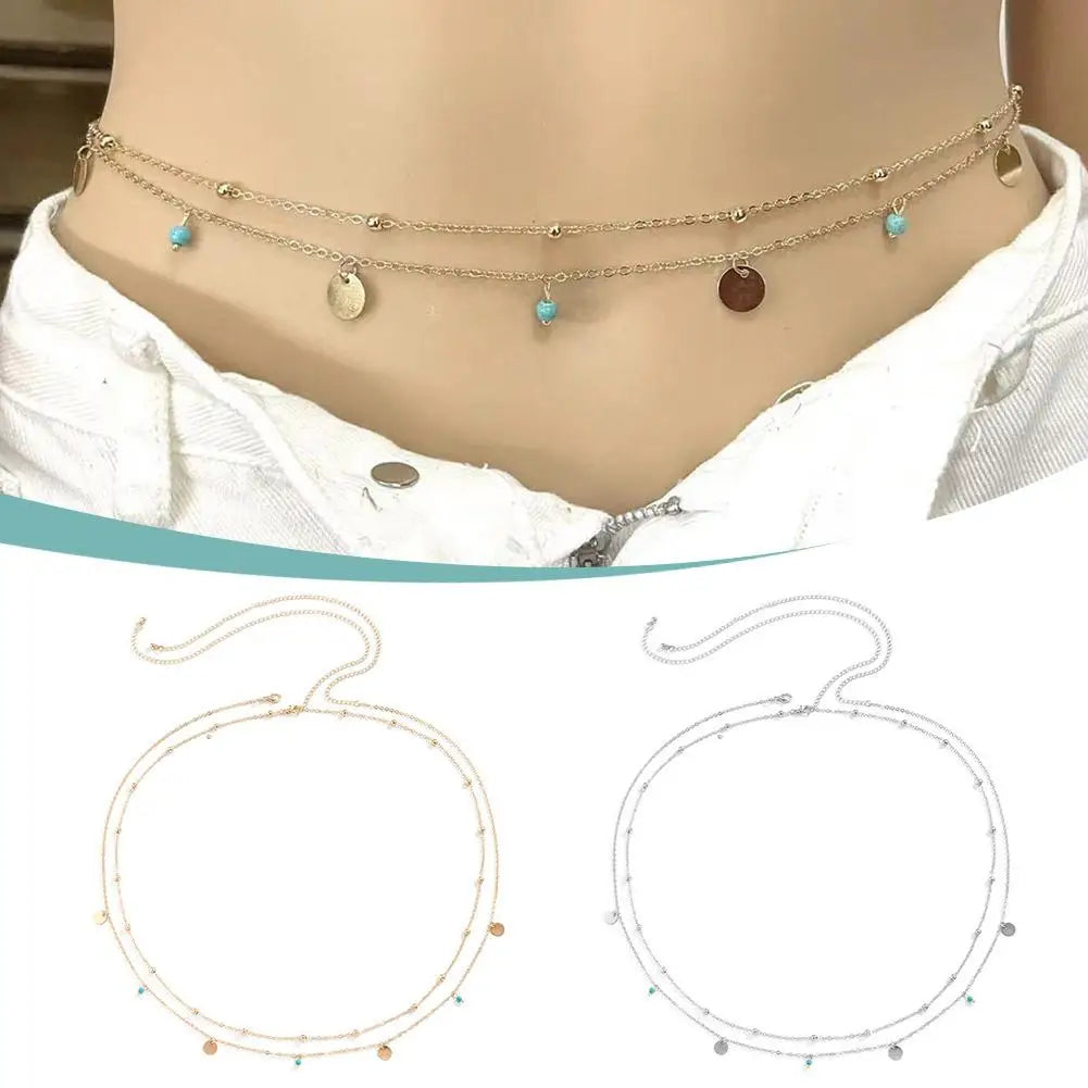 Boho Minimalism Multilayer Waist Beads Simple Tassel Sequin Waist Chain Leisure Hip-hop Double-layer Turquoise Body Waist Chain