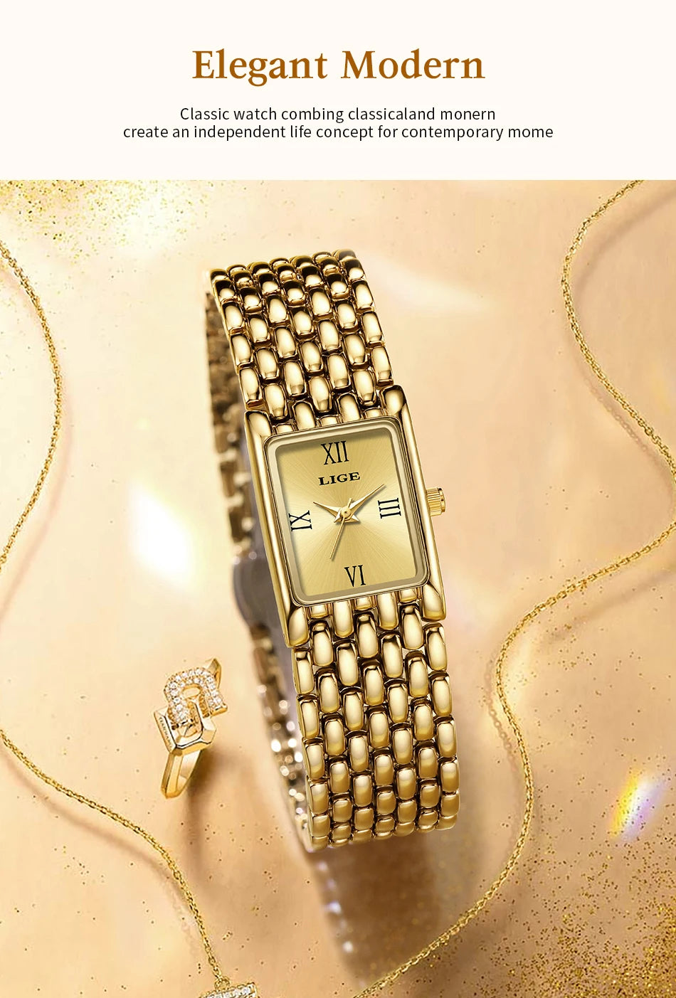 LIGE Silver Watch for Women Square Ladies Quartz Wristwatches Stainless Steel Women Small Gold Watch Luxury Casual Fashion Watch