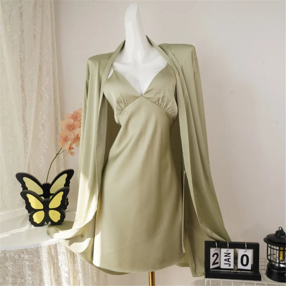 2 Pcs Nighty&Bathrobe Sets Bride Bridesmaid Wedding Robe Gown Womens Sleepwear With Belt Nightgown Loose Kimono