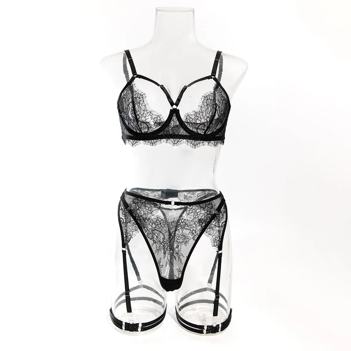 French Lace Lingerie Set 4-Piece Sexy Erotic Underwear with Sheer Bra & Garter Belt Hollow Out Seductive Matching Set for Women