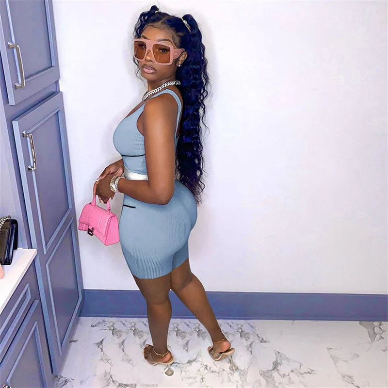Knitted Ribbed Striped 2 Piece Sets Summer Outfits for Women 2023 Crop Top and Shorts Casual Matching Sets Sportwear Sweatsuits