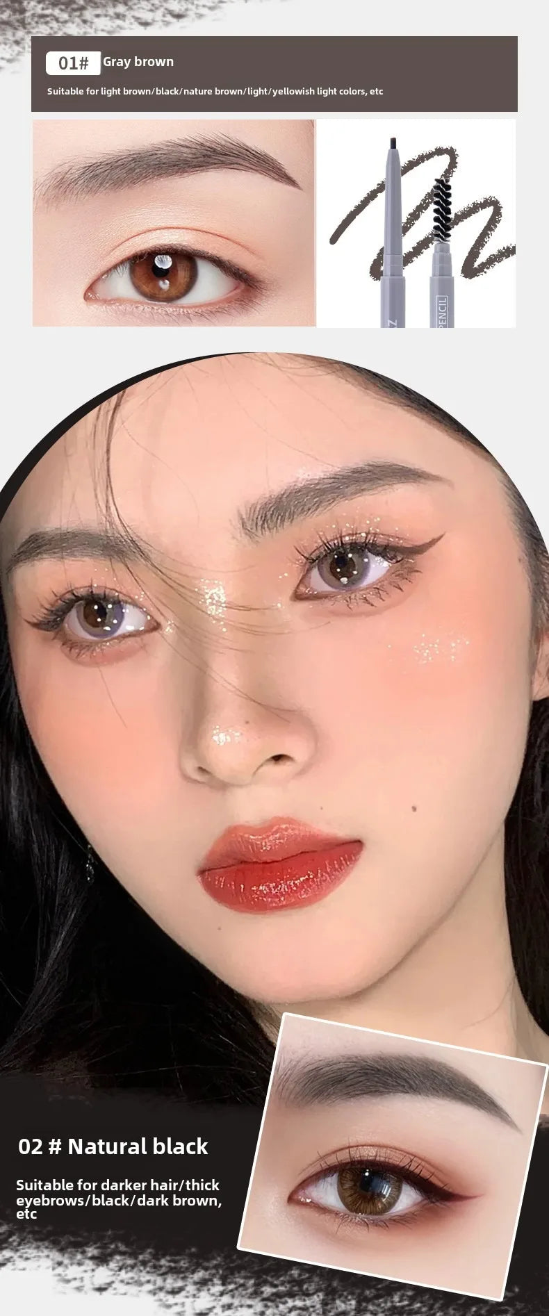 Double-headed eyebrow pencil, long-lasting and non-smudged fine-headed eyebrow pencil for students with exquisite eye makeup