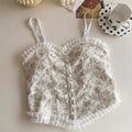 Lace Flower Print Cami Crop Tank Tops Summer Camisole Women's Tube Top Elegant Slim Short Tanks Vest Sexy Pearl Buttons Top