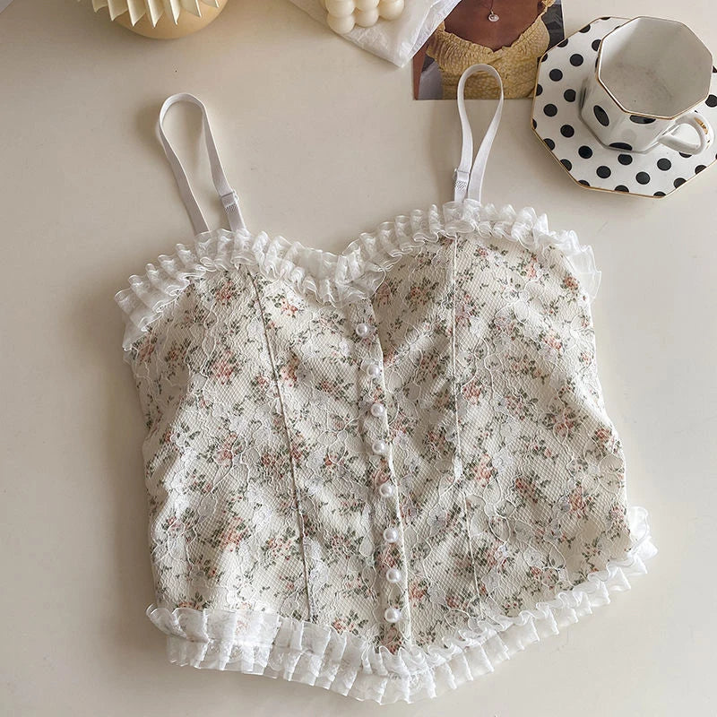 Lace Flower Print Cami Crop Tank Tops Summer Camisole Women's Tube Top Elegant Slim Short Tanks Vest Sexy Pearl Buttons Top