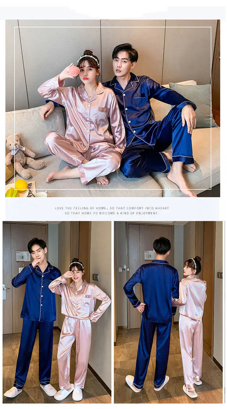Sleepwear Couple Silk Satin Solid Color Pajama Sets Long Button-Down Pijama Plus Size Home Clothes Pyjamas Women Men Loungewear