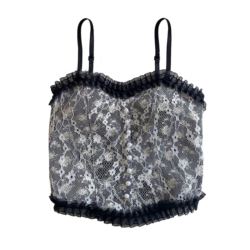 Lace Flower Print Cami Crop Tank Tops Summer Camisole Women's Tube Top Elegant Slim Short Tanks Vest Sexy Pearl Buttons Top