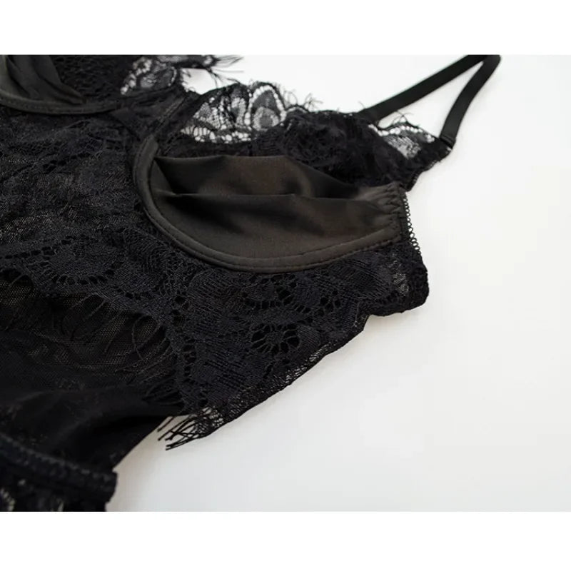 Sexy Lace Erotic Lingerie Women's Underwear Set Lace Mesh See-through 3-piece Set Sexy Babydoll Dress Suit with Stocking Garters