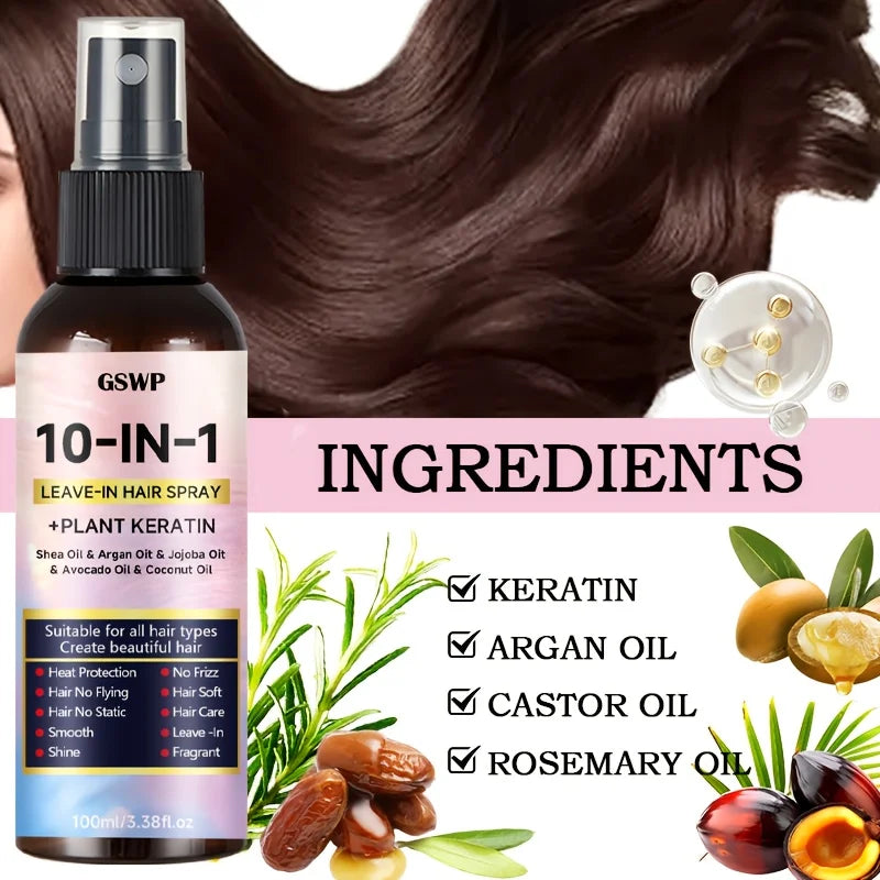 GSWP 10-in-1 Leave-in Hair Spray contains Moroccan argan oil and castor oil, providing heat protection and deep moisturization.