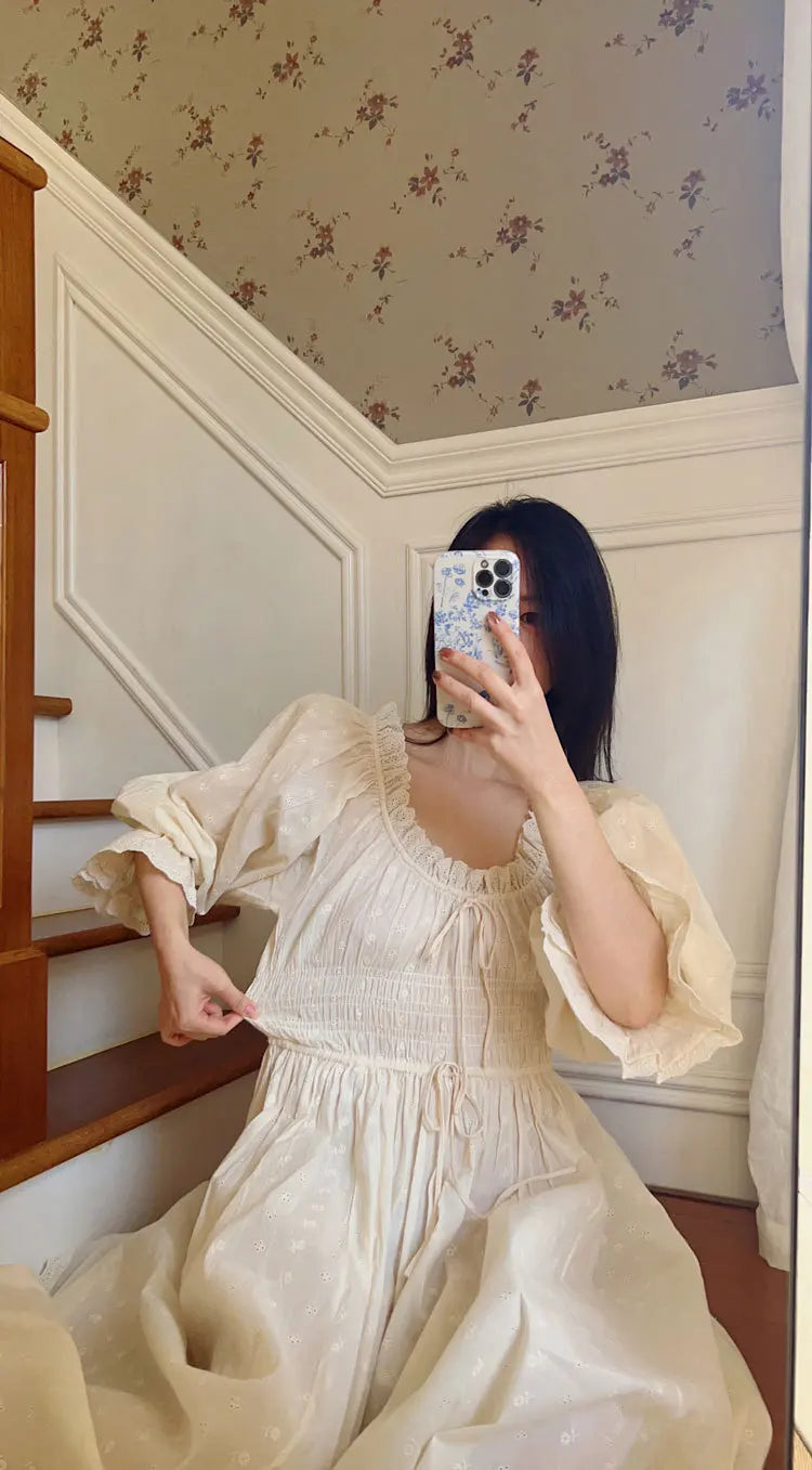 Women 100% Cotton Nightdress Embroidery French Beautiful Sleepwear Sweet Palace Retro Princess Vintage Nightgown Morning Robe