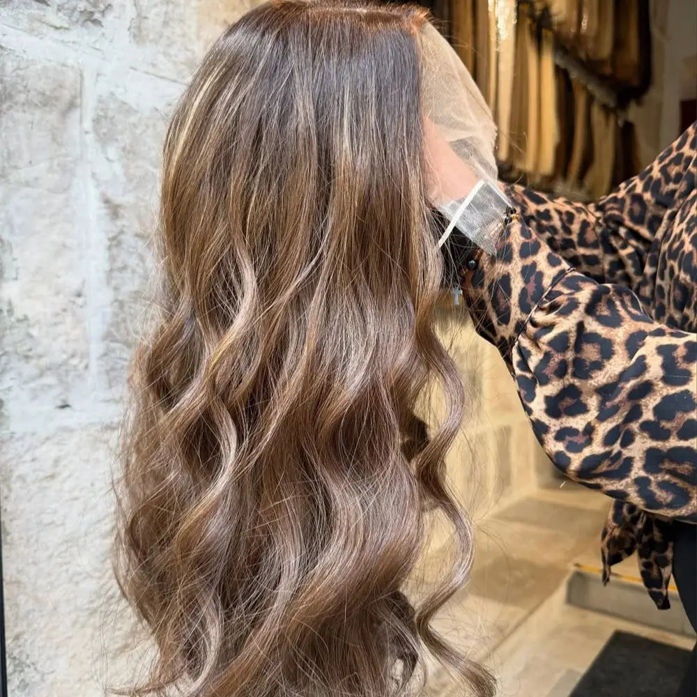 Glueless Lace Wig Wear and Go Synthetic Lace Front Wigs for Women Brown Highlights Body Wave Wig Middle Part Realistic Look