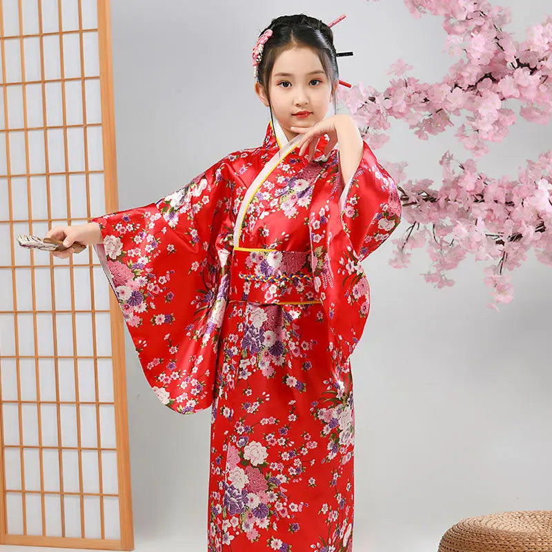 Kids Japan Style Sakura Floral Kimono Robe, Traditional Yukata Haori Elegant Dress for Cultural Performance Costume
