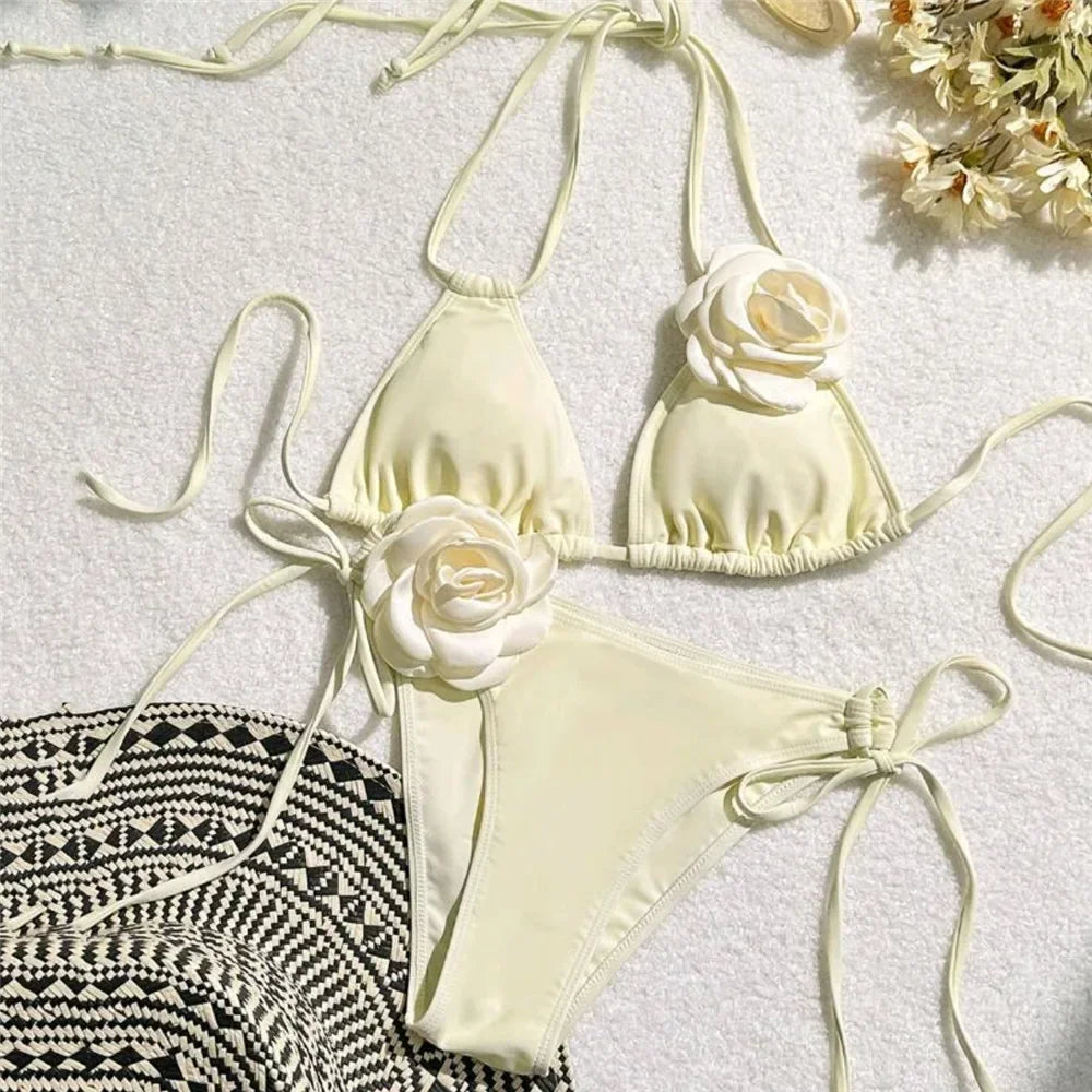 Sexy 3D Flower Black Triangle Bikinis Set Micro Thong Swimsuits Women String Halter Bathing Suit Bikini Mujer Biquinis Swim