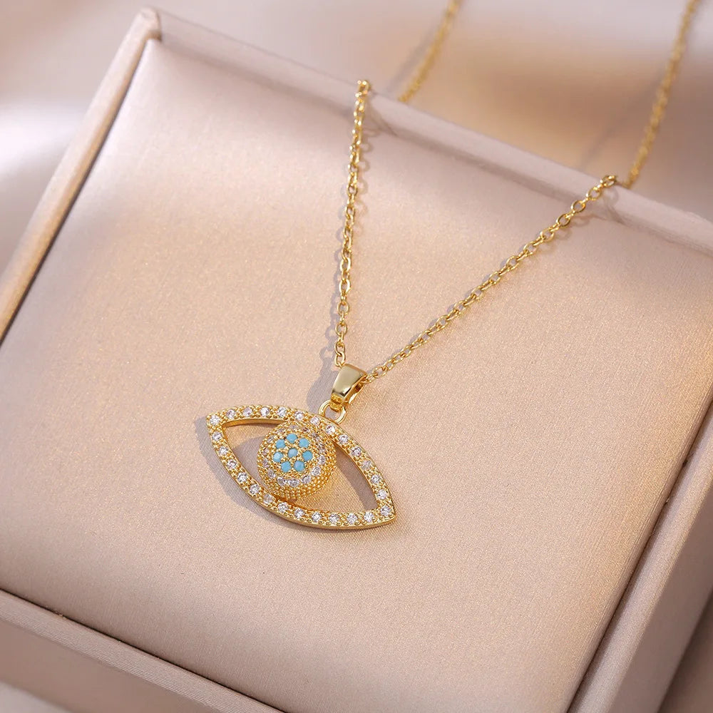 Evil Eye Necklace for Women, Turkish Nazar Pendant with Zircon, Stainless Steel Lucky Protection Necklaces Fashion Jewelry Gift