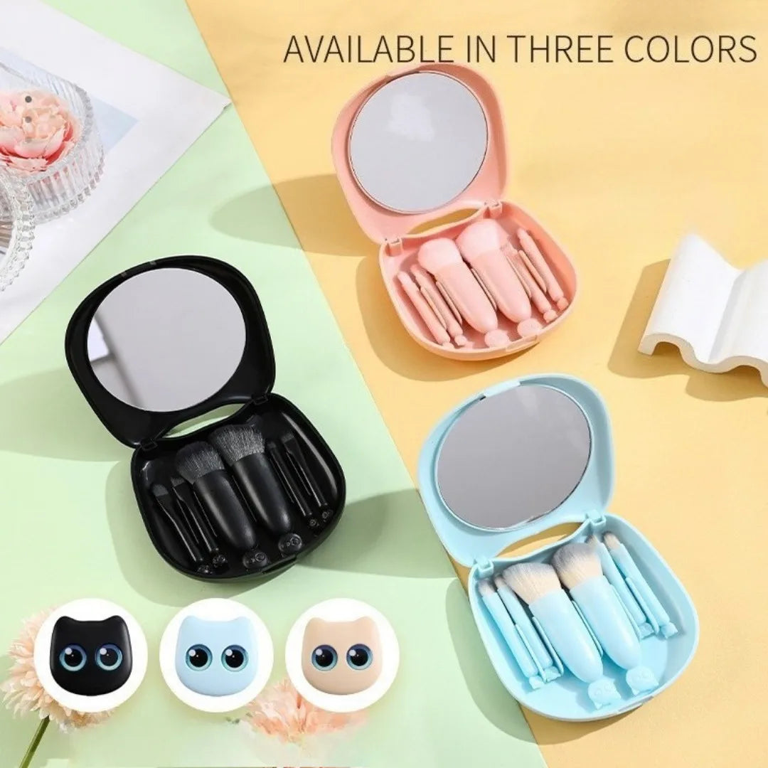 6Pcs Mini Travel Makeup Brushes Set with Mirror Cat Storage Box Travel Makeup Brushes Set Cosmetic Powder Blush Blending Brushes