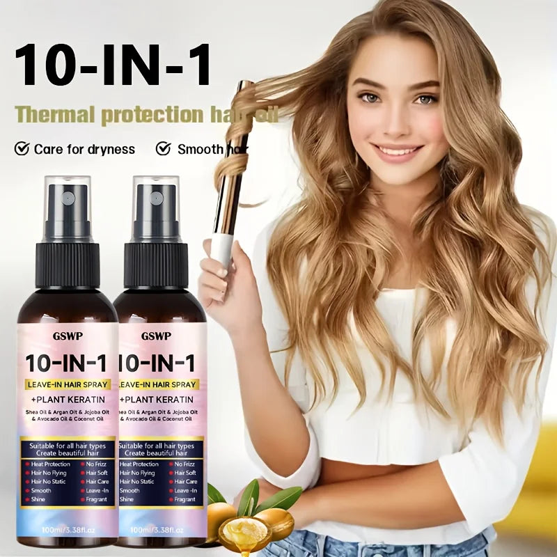 GSWP 10-in-1 Leave-in Hair Spray contains Moroccan argan oil and castor oil, providing heat protection and deep moisturization.