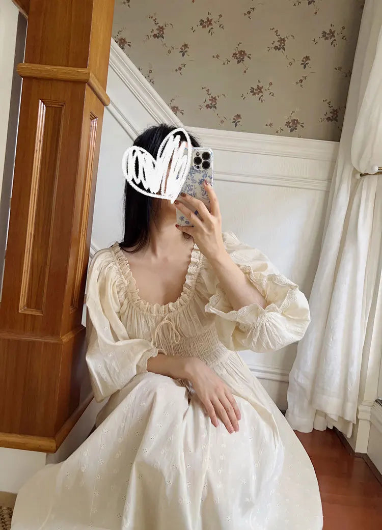 Women 100% Cotton Nightdress Embroidery French Beautiful Sleepwear Sweet Palace Retro Princess Vintage Nightgown Morning Robe