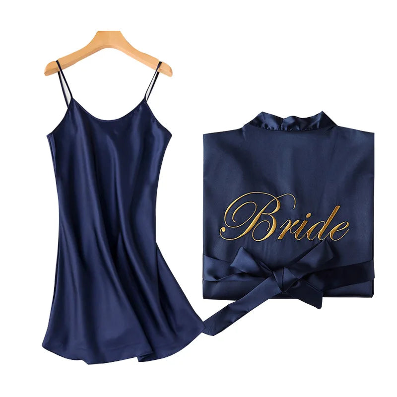 Embroidered Satin Silk Robe Cami Slip Set – Bridal Bridesmaid Wedding Sleepwear Nightdress for Women