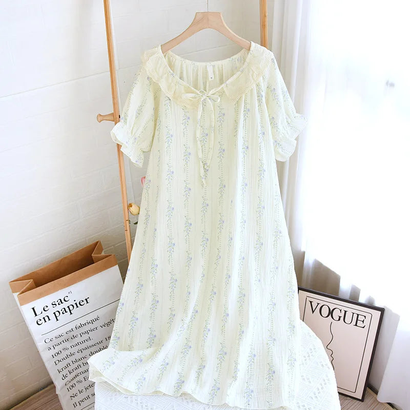 Summer Cotton Nightgown Fresh Round Neck Women's Home Wear Loose Thin Sleepwear Dress Night Wear Lenceria Femenina