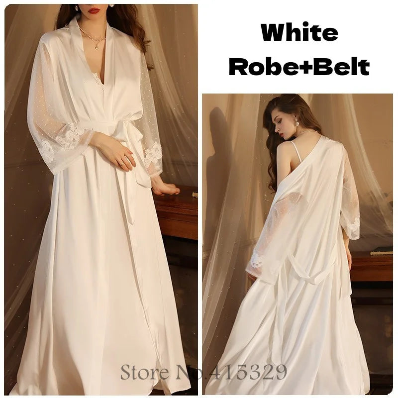Wedding Bride Robe Set Women Sexy Lace Patchwork Nightgown Long Kimono Bath Gown Loose Suspender Nightdress Intimate Lingerie