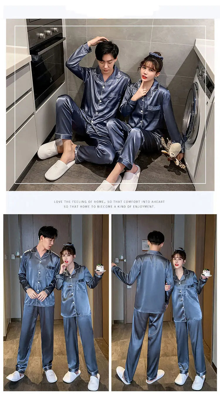 Sleepwear Couple Silk Satin Solid Color Pajama Sets Long Button-Down Pijama Plus Size Home Clothes Pyjamas Women Men Loungewear