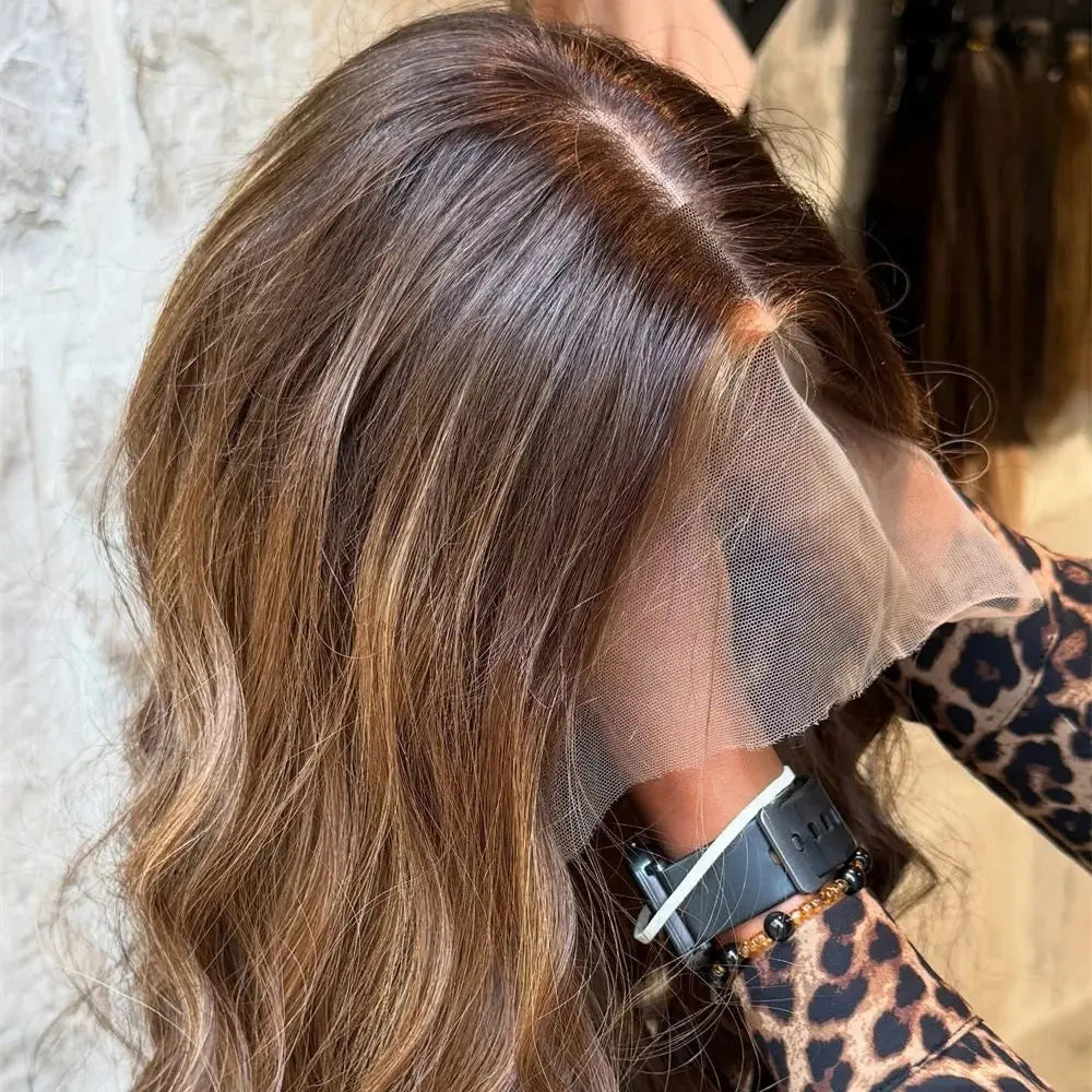 Glueless Lace Wig Wear and Go Synthetic Lace Front Wigs for Women Brown Highlights Body Wave Wig Middle Part Realistic Look