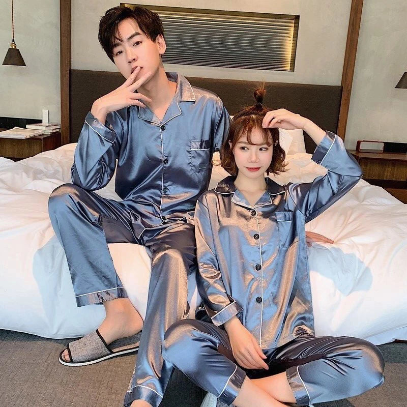 Sleepwear Couple Silk Satin Solid Color Pajama Sets Long Button-Down Pijama Plus Size Home Clothes Pyjamas Women Men Loungewear