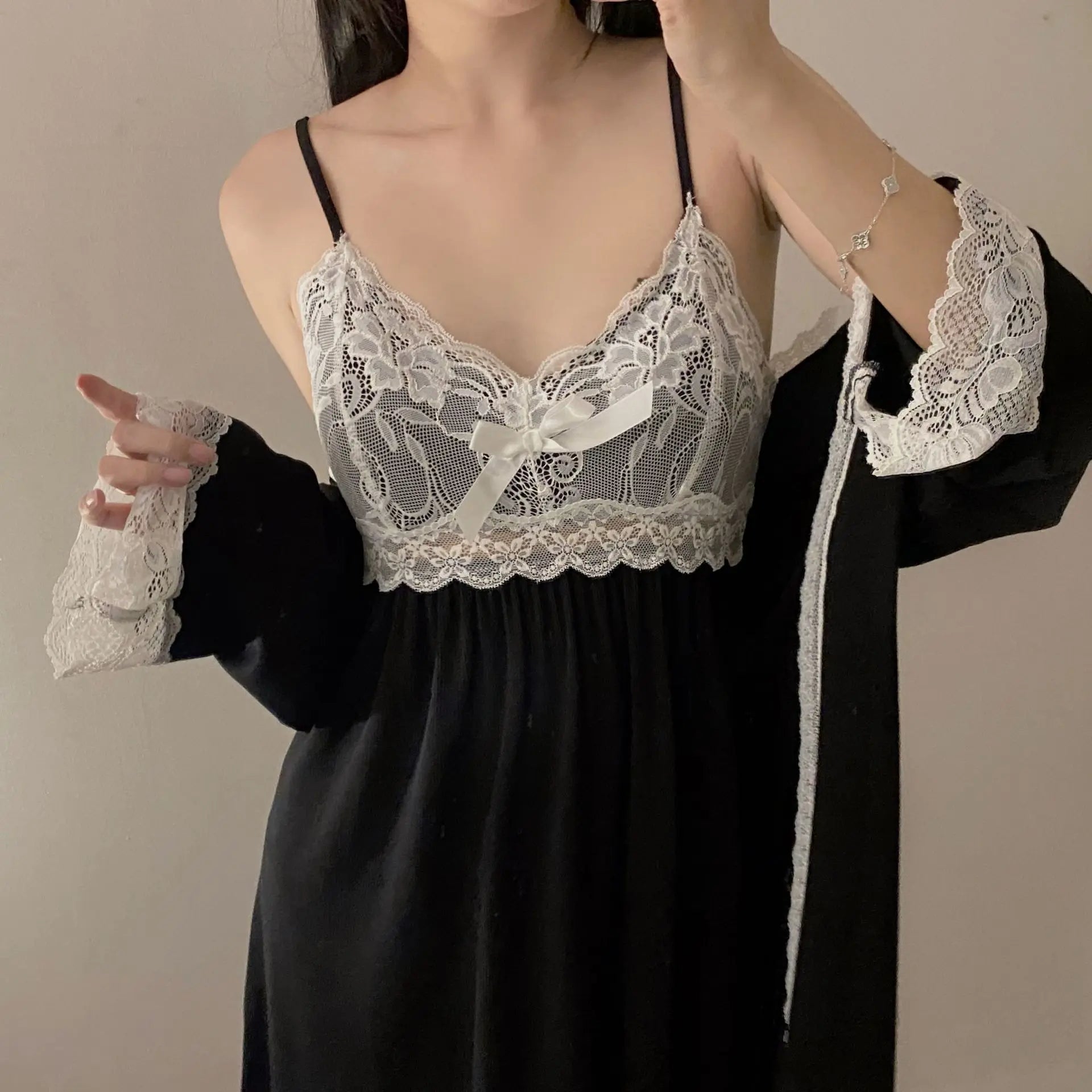 Modal Nightgowns Women Autumn Winter Sleepwear Two Piece Set Lace Sexy Long Sleeve Home Wear Clothing Casual Ladies Nightdress