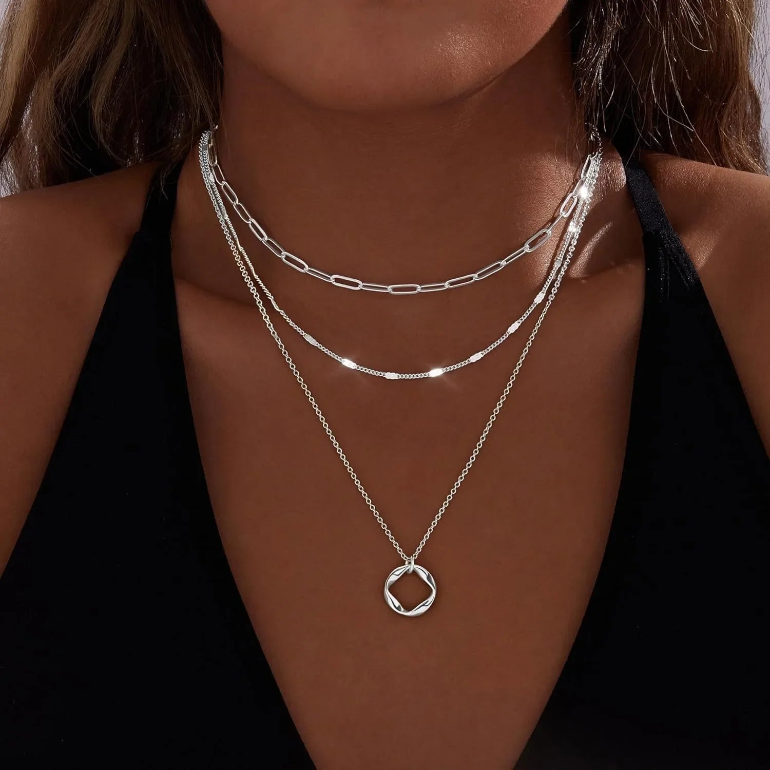 Layered 14k Gold Plated Necklaces for Women Stackable Silver Plated Circle Paperclip Chain Pendant Choker Necklace Set For Woman