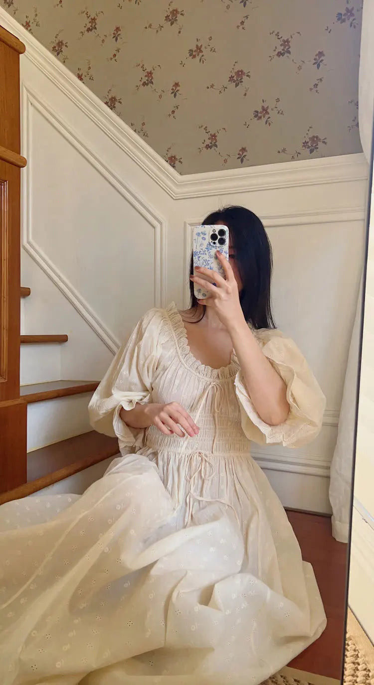 Women 100% Cotton Nightdress Embroidery French Beautiful Sleepwear Sweet Palace Retro Princess Vintage Nightgown Morning Robe