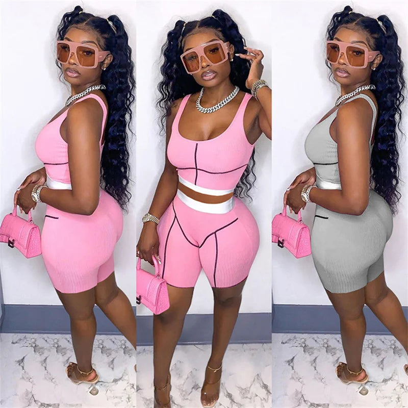 Knitted Ribbed Striped 2 Piece Sets Summer Outfits for Women 2023 Crop Top and Shorts Casual Matching Sets Sportwear Sweatsuits