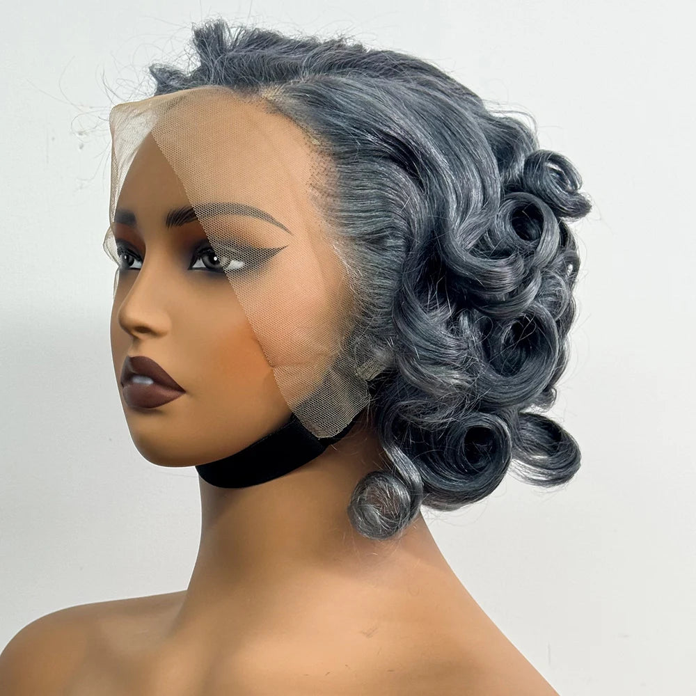13x4 Transparent Lace Frontal Wigs Loose Bouncy Curly Human Hair Wig 250% Density Gray Short Wave Curly Wigs for Black Women