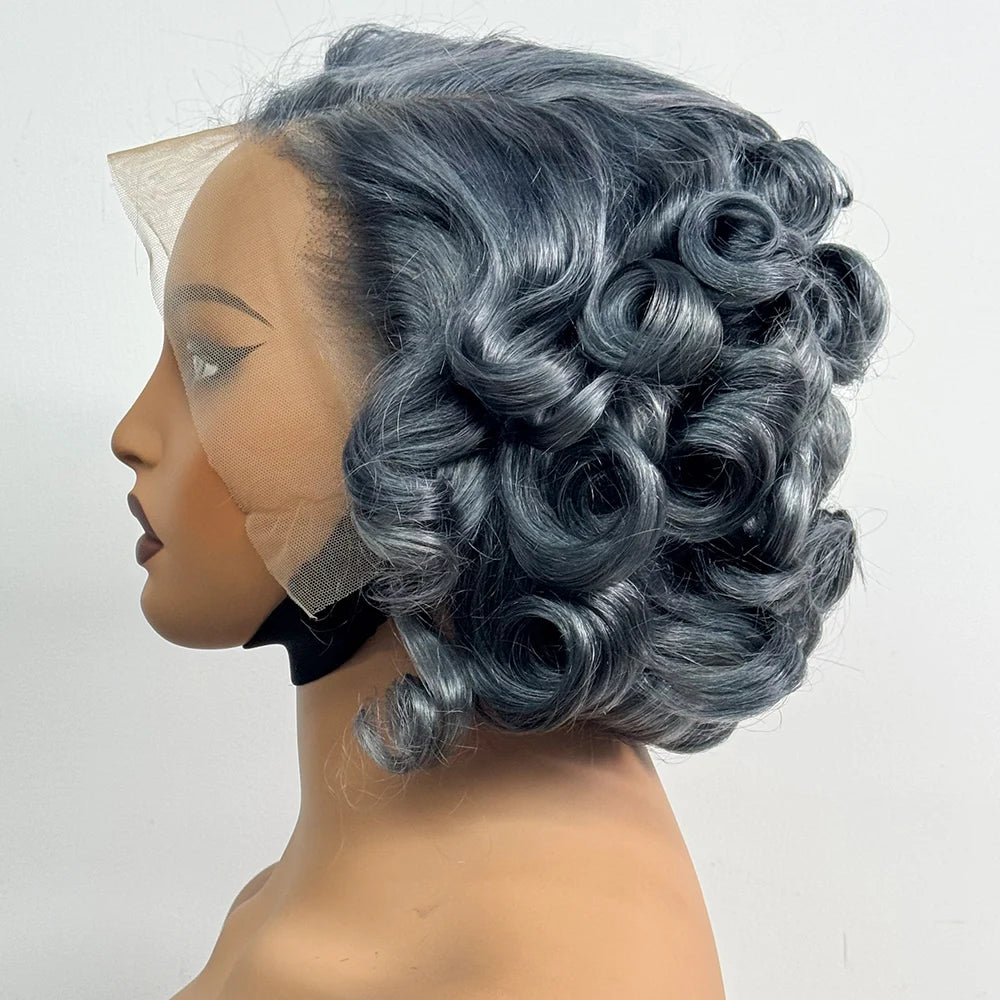 13x4 Transparent Lace Frontal Wigs Loose Bouncy Curly Human Hair Wig 250% Density Gray Short Wave Curly Wigs for Black Women