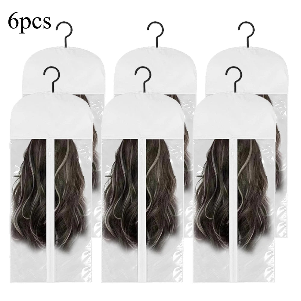 6pcs Wig Storage Bags with Hangers-Durable Hair Extension Organizer for Multiple Wigs & Accessories, Transparent Design