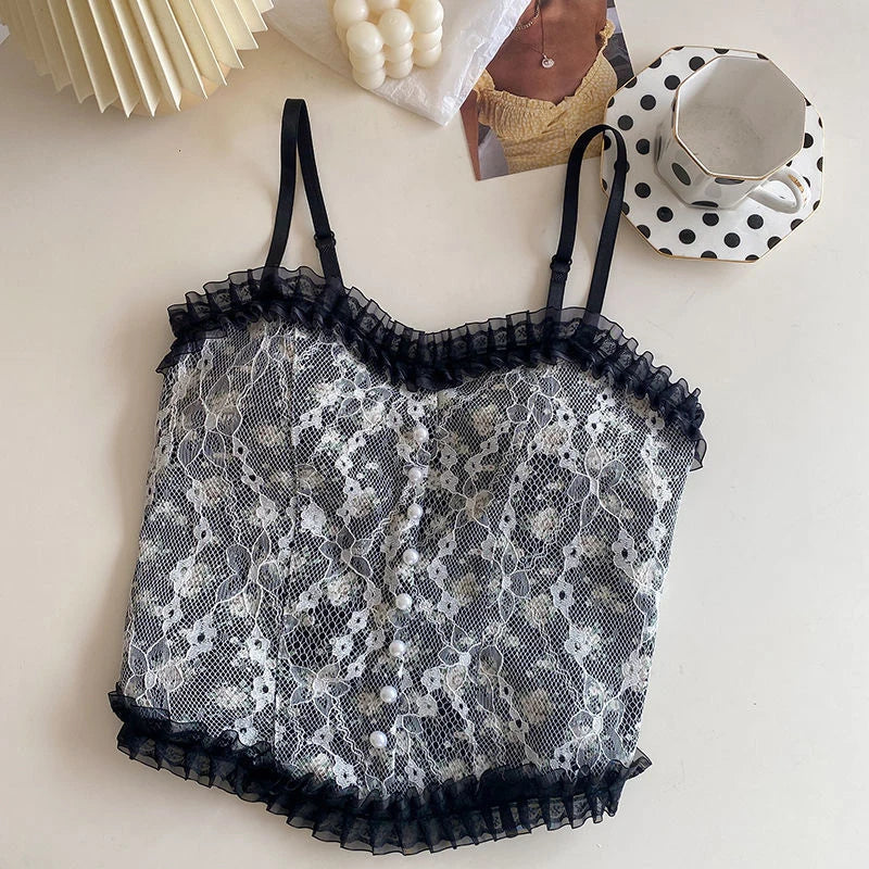Lace Flower Print Cami Crop Tank Tops Summer Camisole Women's Tube Top Elegant Slim Short Tanks Vest Sexy Pearl Buttons Top