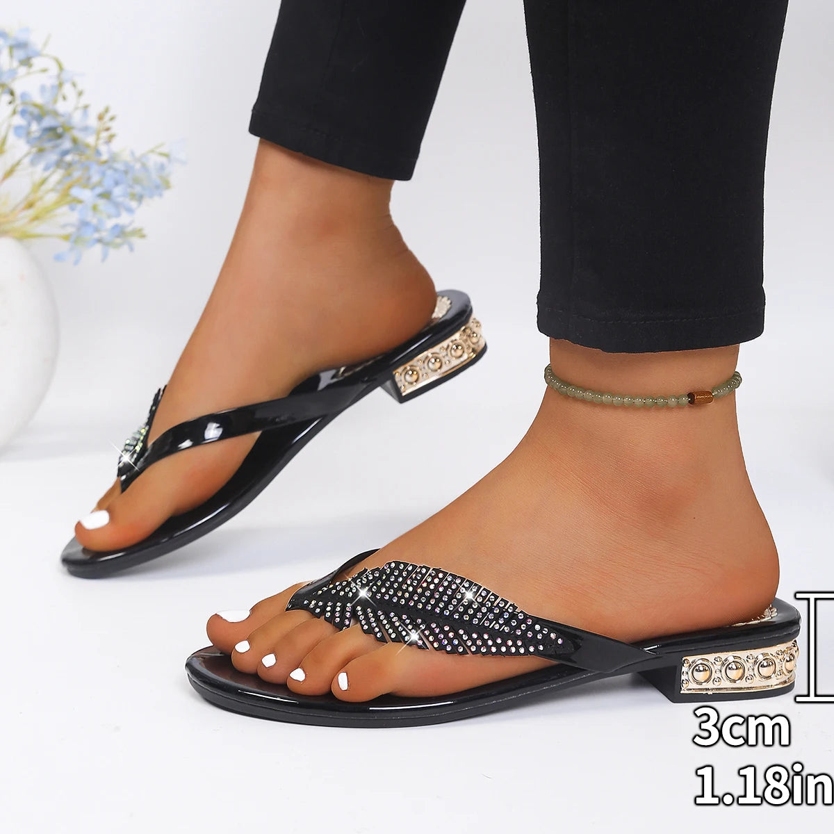 Rhinestone Leaves Clip Toe Sandals for Women Summer 2026 Low Square Crystal Heels Gladiator Shoes Slippers Woman Gold Flip Flops