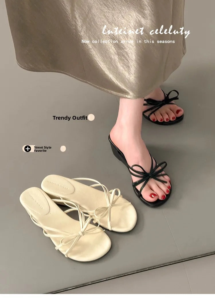 Women's Thick Heel Sandals Summer Outdoor Wear  Knot Slip-On Shoes Beach Vacation Heightening Beautiful Cool Sandals
